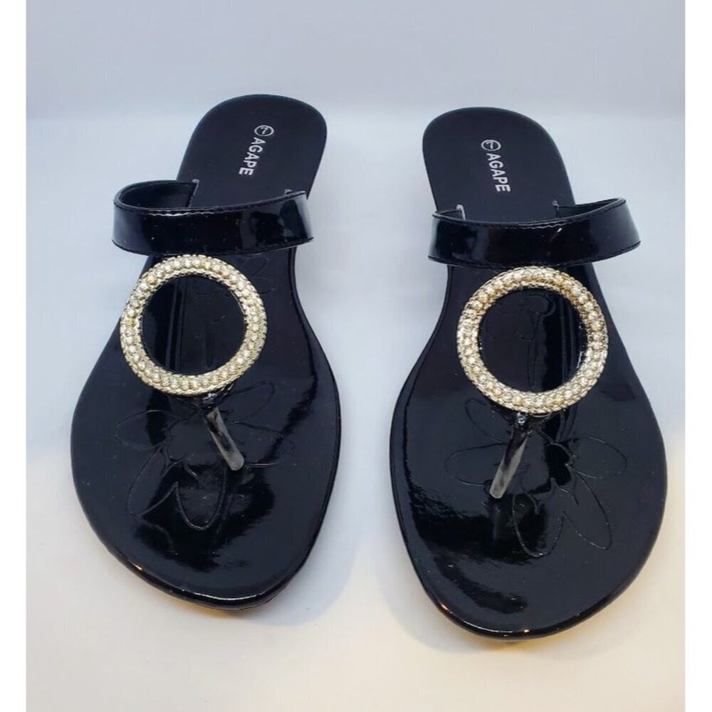 Vintage Agape Women's Patent Leather Sandals w/ Kitten Heels and Rhinestones 7